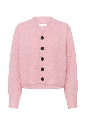 Cardigan en maille rose avec col en V, manches longues, poignets et ourlet côtelés, avec cinq grands boutons noirs sur le devant.