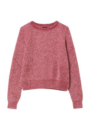 Maglione rosso a coste con scollatura rotonda, maniche lunghe e orlo corto. Tessuto a maglia testurizzato con vestibilità ampia e polsini a costine.