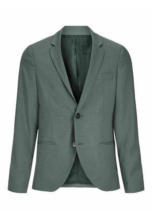 Blazer vert foncé en tissu texturé, doté d'une fermeture à un bouton, de deux poches avant et d'un revers cranté.