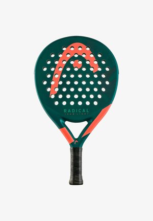 Raquette de padel verte et orange avec surface de frappe perforée et grip noir portant l'inscription "Radical Team Light".