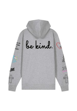 Sweatshirt à capuche gris avec "sois gentil." en noir, orné de graphismes et de textes colorés sur les manches. Tissu doux et texturé.