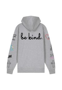 Halli kapuutsiga dressipluus, mille tagaosas on kiri "be kind." ja varrastel mitmekesised värvilised graafikud ning tekst. Regulaarne lõige.