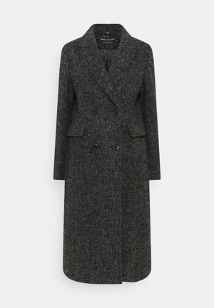 Mørkegrå dobbeltknappet lang uldfrakke med slag og klaplommer, vist mod en hvid baggrund.