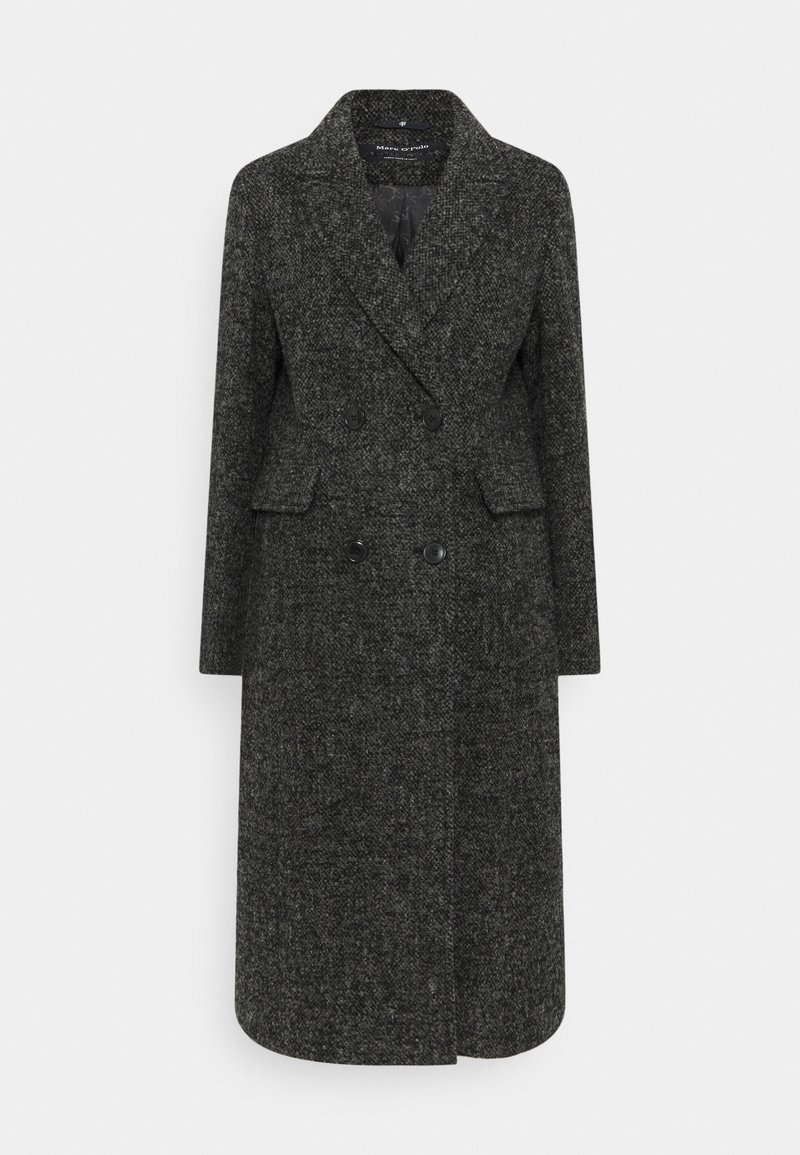 Manteau long en laine gris foncé à double boutonnage avec revers à cranté et poches à rabat, présenté sur un fond blanc.