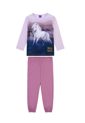 Completo pigiama per bambini composto da una maglietta a maniche lunghe di colore lavanda con una grafica di un unicorno e pantaloni viola con elastiche in vita.