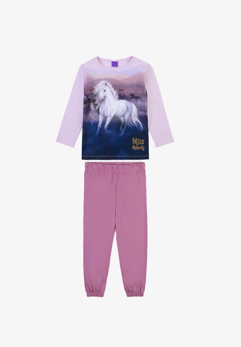 Completo pigiama per bambini composto da una maglietta a maniche lunghe di colore lavanda con una grafica di un unicorno e pantaloni viola con elastiche in vita.