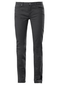 Jeans de algodón negro de corte ajustado con bolsillos frontales, cierre de botón, cremallera y una textura sutil. Sin patrones ni acentos visibles.