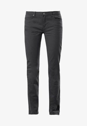 Jeans en coton noir slim-fit avec poches avant, fermeture à bouton, zip et texturé subtil. Aucuns motifs ni accents visibles.