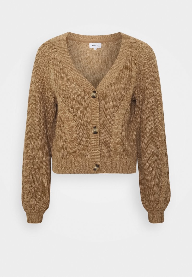 Zkrácený cardigan v texturovaném hnědém pletení s výstřihem do V, dlouhými rukávy a velkými knoflíky. Má kabelkované vzory podél okrajů.