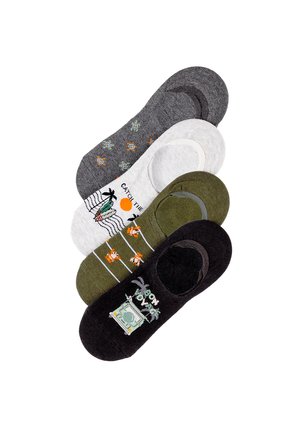 Cinco pares de calcetines bajos en gris, blanco, oliva y negro con patrones tropicales y animales, dispuestos en forma de abanico.