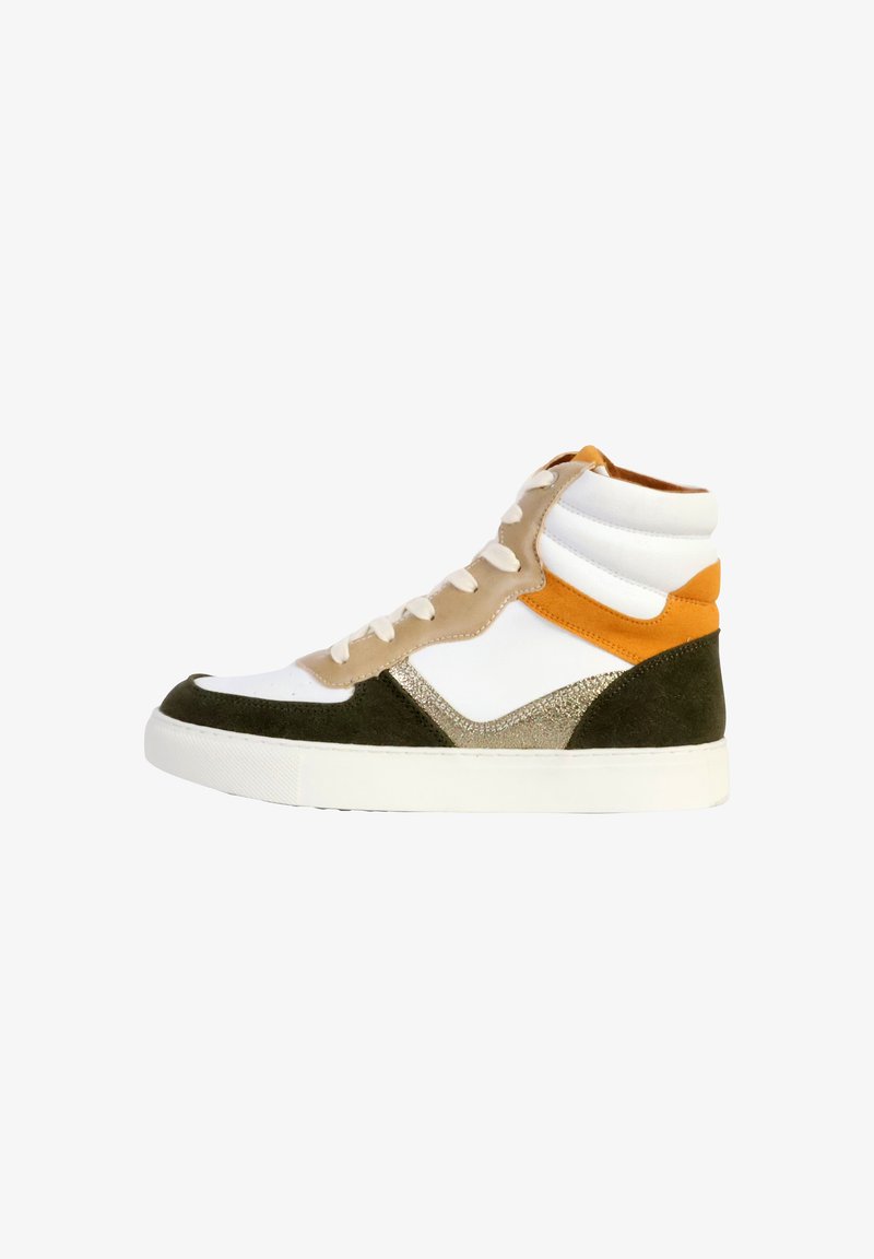 Mid-top sneaker featuring a mix of white, olive green, gold, and orange suede. Rounded toe with padded collar and laces. Textured accents.