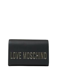Portafoglio in ecopelle nera con logo "LOVE MOSCHINO" in metallo in rilievo sul davanti. Chiusura a scatto, forma rettangolare.