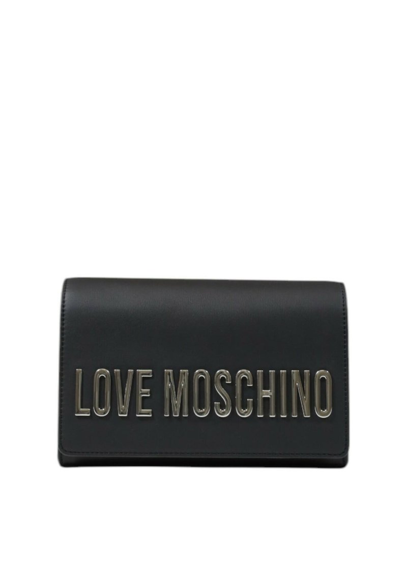 Portafoglio in ecopelle nera con logo "LOVE MOSCHINO" in metallo in rilievo sul davanti. Chiusura a scatto, forma rettangolare.