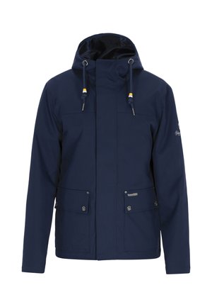 Voděodolná tmavě modrá bunda s vysokým límcem, nastavitelnou kapucí, dvěma předními kapsami a detaily z elastického provázku. Hladká textura, jednoduchý design.