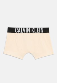 Caleçons boxers pour homme Calvin Klein en beige clair, avec une ceinture élastique noire portant le logo blanc "CALVIN KLEIN". Tissu en coton doux.