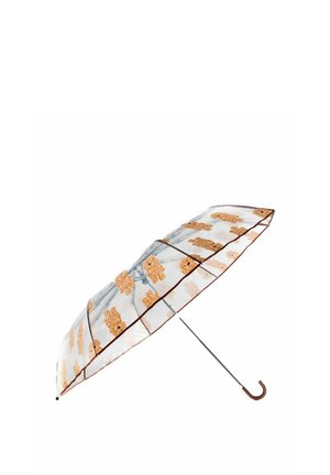 Transparent umbrella with orange floral patterns, a brown trim, and a curved handle. Sturdy metal frame and wide canopy design.