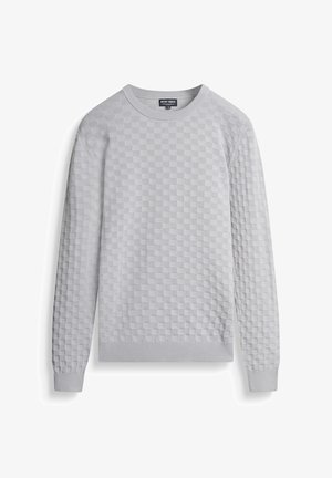 Jersey de manga larga color gris claro con un patrón texturizado a cuadros sutil, puños, dobladillo y cuello redondo acanalados, etiqueta de la marca dentro del cuello.