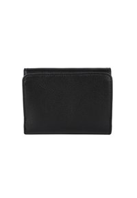 Portefeuille en cuir noir avec une surface texturée, de forme rectangulaire et des bords cousus. Présente un design simple et sans ornements.