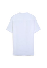 T-shirt bianco a maniche corte con un tessuto leggermente strutturato. Presenta una vestibilità dritta e un collo a giro. Il design sul retro include una cucitura orizzontale.