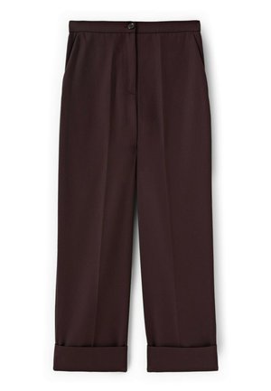 Pantalones marrón oscuro de corte recto, con cierre de botones en la parte frontal, bolsillos laterales y dobladillos con puños.