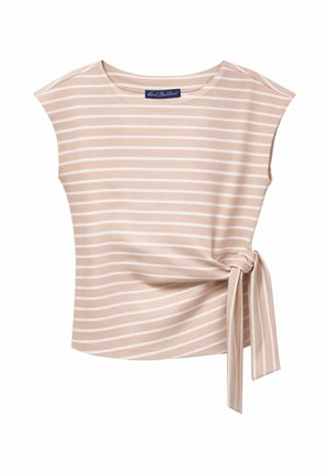 Beige en wit horizontaal gestreept mouwloos topje met een ronde halslijn en een knoopdetail aan de rechterzijde.