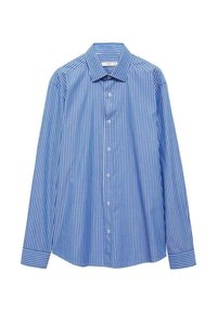 Camicia a maniche lunghe a righe blu e bianche con colletto a punta e chiusura frontale con bottoni. Il tessuto appare liscio e leggero.