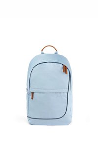 Light blue backpack made of fabric, featuring a top handle, two brown zipper pulls, front pocket, and subtle branding on the side.