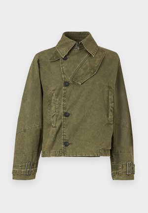 Olive green, cropped jacket made of textured fabric, featuring a pointed collar, double-button closure, and adjustable strap accents on the sleeves.