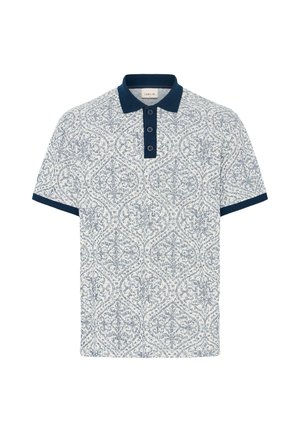 Heren polo met korte mouwen met een blauw-wit ingewikkeld patroon, een marineblauwe kraag, knoopsluiting en marineblauwe mouwafwerking.