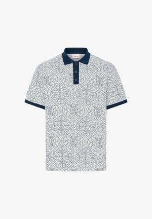 Heren polo met korte mouwen met een blauw-wit ingewikkeld patroon, een marineblauwe kraag, knoopsluiting en marineblauwe mouwafwerking.