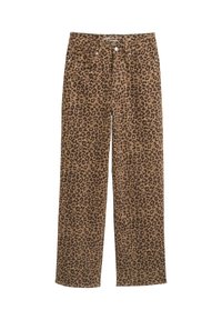 Pantalones de mezclilla de estampado de leopardo, de tiro medio, con corte recto, que presentan un patrón en marrón y negro, cierre de botón y diseño de cinco bolsillos.