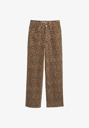 Traperice s uzorkom leopard, srednji struk, ravnog kroja, s smešnim i crnim dezenom, zatvaranje na dugme i dizajn sa pet džepova.