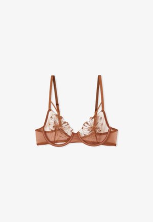 Soutien-gorge en mesh marron avec broderie florale sur les bonnets, bretelles ajustables et design semi-transparent. Texture lisse avec une forme structurée.