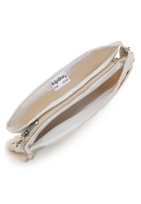 Borsa Kipling beige con due scomparti, chiusura a zip, esterno strutturato e un fluffy pom-pom come accento. L'interno è dotato di un'etichetta con logo.