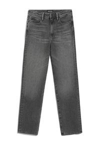 Jean en denim noir délavé à jambe droite avec poches avant et poche monnaie, fermeture par bouton et passants pour ceinture.