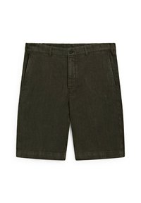 Khaki shorts made of lightweight fabric, featuring a button and zipper closure, two side pockets, and cuffed hems. Plain texture.