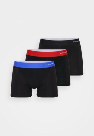 Sæt med sorte boxer shorts, der inkluderer tre par med kontrastfarvet talje: blå, rød og sort, lavet af strækbart, tekstureret stof.