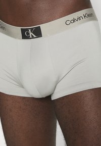 Boxer briefs da uomo Calvin Klein in grigio chiaro, con una vita nera e oro con logo e un design morbido e aderente. Tessuto dalla texture soffice.