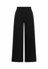 Pantaloni neri a gamba larga realizzati in tessuto morbido ed elastico. Presentano una vita alta e una texture liscia.