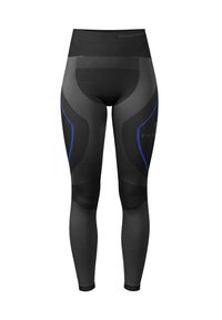 Schwarze Leggings aus elastischem Stoff mit geschwungenen blauen Akzenten, einem hohen Bund und einem strukturierten Paneeldesign entlang der Beine.