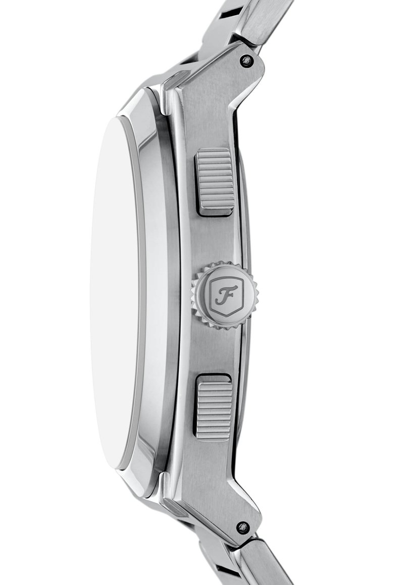 Reloj de acero inoxidable plateado con una caja redonda suave, corona prominente y pulsadores texturizados. Presenta un acabado elegante y pulido.