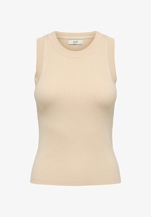 Beige geribbelde tanktop met een ronde halslijn en mouwloos ontwerp. Zachte, textuurrijke stof benadrukt een aangesloten silhouet.