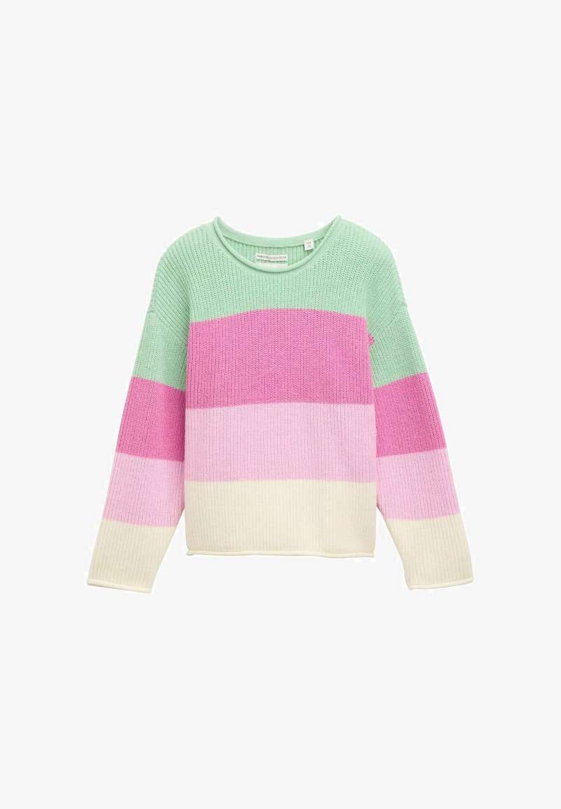 Maglione lavorato a maglia con strisce orizzontali in verde menta, rosa chiaro e crema. Collo ampio, maniche lunghe e texture a costine.