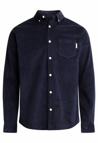 Marine corduroy overhemd met lange mouwen, button-down kraag en een voorzak. Beschikt over witte knopen en een zachte, gestructureerde afwerking.
