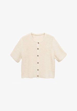 Cardigan a maniche corte di colore crema con un motivo a maglia testurizzato, caratterizzato da un collo rotondo e cinque bottoni sulla parte anteriore.