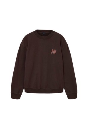 Brązowa bluza typu crewneck z długimi rękawami. Posiada małe różowe haftowane logo "AS" na piersi. Miękka faktura, luźny krój.