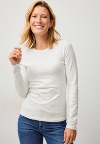 Witte longsleeve T-shirt van zachte stof, met een ronde halslijn en een getailleerd ontwerp, gecombineerd met een blauwe jeans.