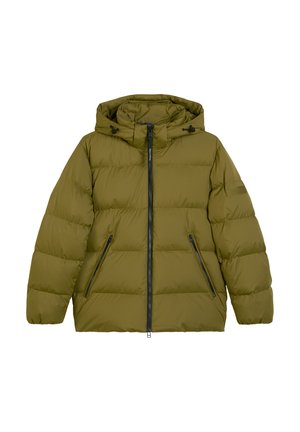 Oliwkowa ocieplana kurtka puchowa z kapturem, zapinana na zamek z przodu, z dwoma kieszeniami po bokach i pikowanym wzorem. Gładki, lekki materiał.