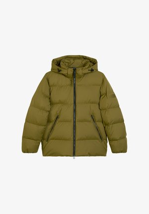 Oliwkowa ocieplana kurtka puchowa z kapturem, zapinana na zamek z przodu, z dwoma kieszeniami po bokach i pikowanym wzorem. Gładki, lekki materiał.