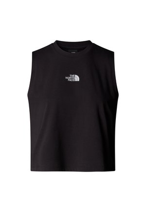 Black sleeveless crop top with round neck and white "The North Face" logo centered on the chest.